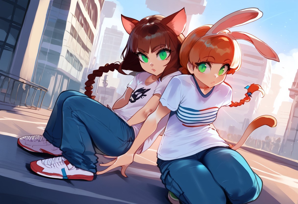 score_9, score_8_up, score_7_up 
   , masterpiece, beautiful,
Simple artstyle, cartoonish design, colorful,
2 girls, one on the left and the other one on the right,
girl on the left is,(Mimipop, bunny girl, bunny ears,rounded ears that stand upright, animal nose, big breen eyes, no pupils, 2 long braids, brown hair, hair bang, red and white shoes,
short-sleeved, white t-shirt, green and blue horizontal stripes printed on t-shirt, lose baggy pants, blue-colored  pants,blue and white shoes,:1)
girl on the right is,(nyamipop, cat girl, cat ears, animal nose, big breen eyes, no pupils, 2 long braids, brown hair, hair bang,
short-sleeved, white t-shirt, red and blue horizontal stripes printed on t-shirt, lose baggy pants, khaki-colored  pants:1)
,outdoors, city background,