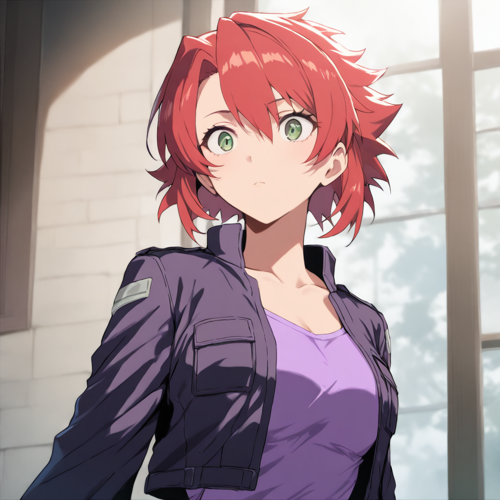 solo,upper_body,masterpiece,high score,great score,absurdres,jacket,purple shirt,<lora:Chiaia_Flan ag4o v1:1> chiaiaflan, short hair, red hair, green eyes,