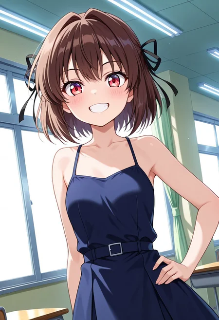general,highres, ultra-detailed,very aesthetic,best quality ,best hands,best eyes,easynegative,
dynamic anglre, dutch angle, anime cloring,
1girl solo,looking at viewer,smile,school, indoors,hand on hip,teeth,
Toire no Hanako-san no Sakurako-san,red eyes, brown hair, hair ribbon, small breasts, short body,Black bare shoulders dress,