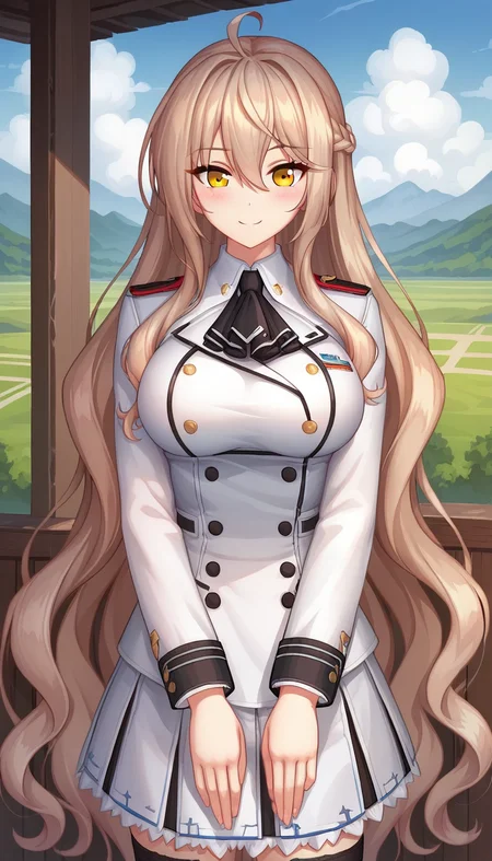 score_9,score_8_up,masterpiece,best quality,correct anatomy,anime_source,1girl,solo,perfect eyes,perfect arms,perfect legs,perfect face,outdoors,upper body,(portrait:1.5),looking at viewer,facing viewer,smile,blush,Arcelias Pendragon,ahoge,very long hair,light brown hair,wavy hair,hair intakes,french braid,hair between eyes,bangs,yellow eyes,uniform,black ascot,white jacket,double-breasted,white shirt,long sleeves,large breasts,miniskirt,white skirt,frilled skirt,pleated skirt,zettai ryouiki,black thighhighs,loafers,white footwear,<lora:Arcelias Pendragon(uq)-Pony:1.1>,