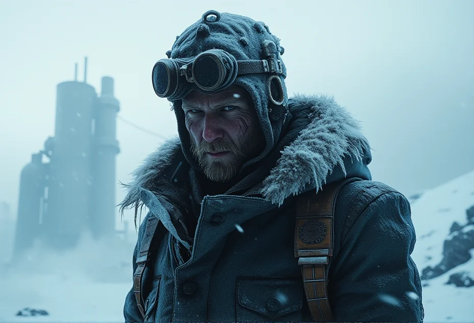A medium shot of a weary figure in a heavy, frost-covered winter coat, facing slightly away from the camera with a distant, hardened expression, layers of snow and ice clinging to their worn clothing, steampunk goggles resting on their forehead, surrounded by a heavy snowfall and the faint silhouette of industrial structures in the background, creating an intense, melancholic atmosphere .bv-fropunsty<lora:bv-frostpunk-style-v1.safetensors:1.0:1.0>