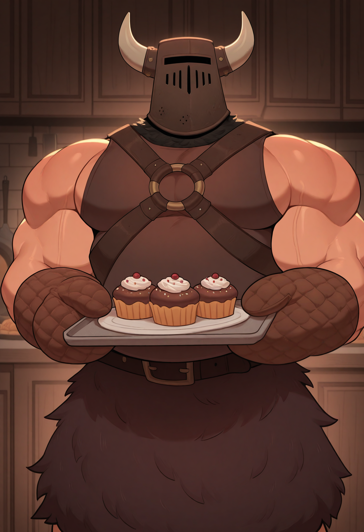 solo, 1boy, male focus, 4ttil4, covered face, fake horns, brown oven mitts, chest harness, sleeveless shirt, belt, fur skirt, holding plate, muscular, chubby, indoors, kitchen, hot cupcake, baked goods,  medieval,
perfect anatomy, masterpiece, perfect quality, best quality, detailed, newest, very aesthetic, very awa