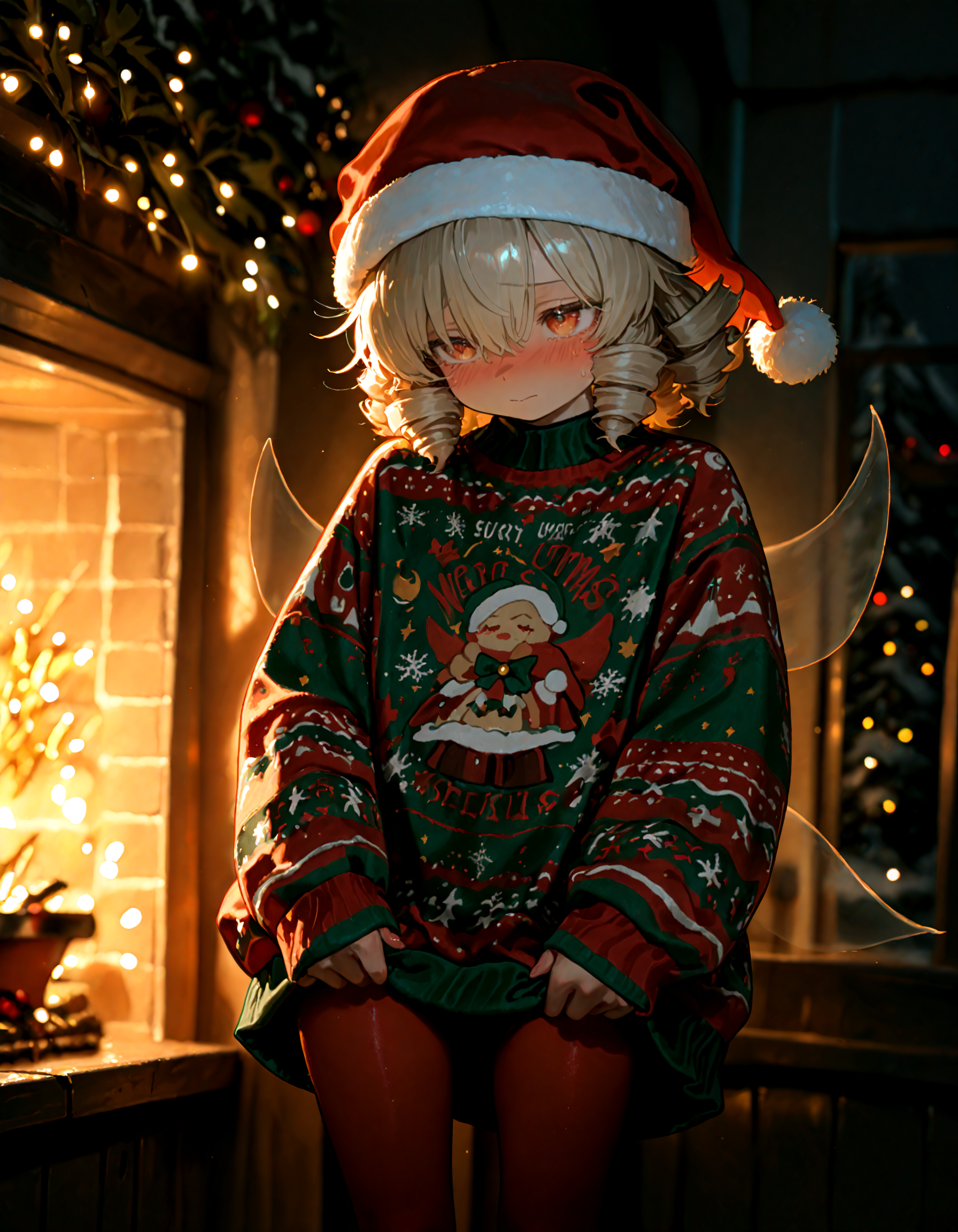 Christmas, dress, red pantyhose ,santa_hat ,Christmas sweater,
1girl, solo, luna_child, soft lighting, shy,
masterpiece, best quality, amazing quality, very aesthetic, absurdres,  newest, (volumetric lighting),
<lora:world_christmassweater:0.5>,<lora:cfg_scale_boost:0.5>, <lora:ponyv5_noobE11_1_adamW:0.5>, <lora:illustrious_noobai_epsilon_pred_1_best_quality_v1:0.5> ,<lora:illustrious_noobai_epsilon_pred_1_masterpieces_v1:0.5> ,<lora:illustrious_noobai_epsilon_pred_11_very_aesthetic_v1:0.5>