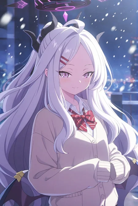 hina (blue archive),1girl,long hair,horns,solo,hair ornament,skirt,thighhighs,halo,school uniform,hairclip,white hair,demon horns,bangs,parted bangs,alternate costume,cardigan,blush,long sleeves,pleated skirt,sidelocks,wings,sleeves past wrists,ahoge,shirt,demon wings,demon girl,black thighhighs,bow,red bow,black skirt,collared shirt,white shirt,<lora:FGO_Spring2025_NewMaster_PromoStyle:0.8>,fgo_spring2025_newmaster_promostyle,cinematic_angle,depth of field,night,warm atmosphere,snowing,sleeves past fingers,close-up,(upper_body:1.3),seductive_smile,, masterpiece,best quality,amazing quality,