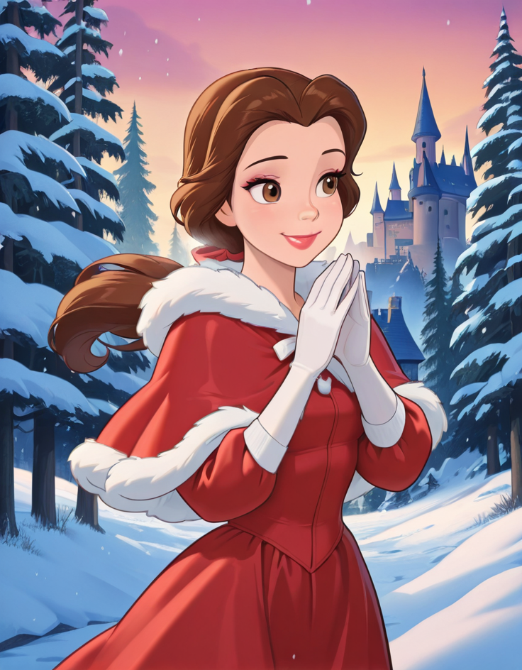 masterpiece, best quality, amazing quality, very aesthetic, absurdres,  newest, detailed background, cowboy shot, 4k, 8k, 
bellexd, 1girl, solo, brown hair, gloves, brown eyes, dress, long hair, lipstick, white gloves, makeup, capelet, red dress, ponytail, smile, fur trim, snow, forest, castle
 <lora:Bella:1>