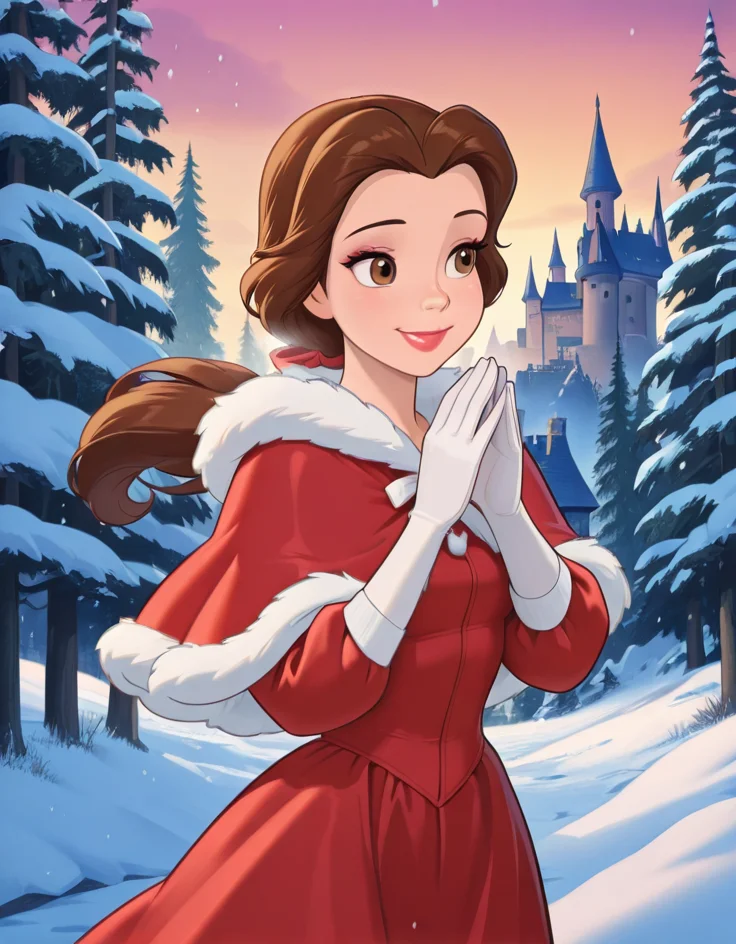 masterpiece, best quality, amazing quality, very aesthetic, absurdres, newest, detailed background, cowboy shot, 4k, 8k,
bellexd, 1girl, solo, brown hair, gloves, brown eyes, dress, long hair, lipstick, white gloves, makeup, capelet, red dress, ponytail, smile, fur trim, snow, forest, castle
<lora:Bella:1>
