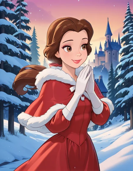 masterpiece, best quality, amazing quality, very aesthetic, absurdres, newest, detailed background, cowboy shot, 4k, 8k,
bellexd, 1girl, solo, brown hair, gloves, brown eyes, dress, long hair, lipstick, white gloves, makeup, capelet, red dress, ponytail, smile, fur trim, snow, forest, castle
<lora:Bella:1>