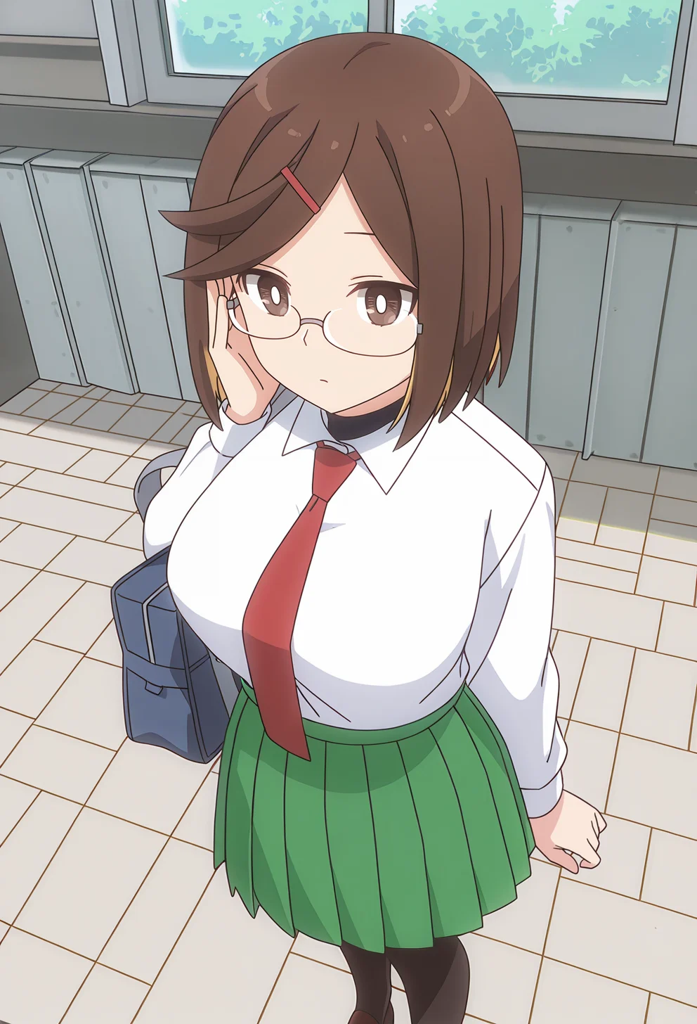 masterpiece,best quality,
<lora:Koga_Konoha_v1.0_Illustrious-000040:1>,
Koga Konoha,brown eyes,brown hair,
hairclip,pleated skirt,red necktie,white shirt,black pantyhose,glasses,green skirt,brown footwear