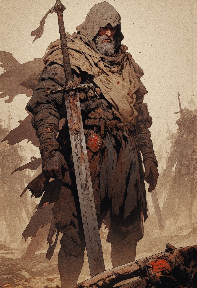 battle-worn warrior stands amidst a dense fog, gripping a massive, weathered sword. His face is covered in dirt and dried blood, his expression hardened by countless battles. His torn, ragged cloak flutters faintly in the wind, and his dark, tattered tunic clings to his muscular frame. The air around him is thick with dust and mist, obscuring shadowy figures in the distance. The atmosphere is heavy, evoking a sense of tension before an impending battle. The muted, earthy color palette and diffused lighting create a cinematic, moody aesthetic reminiscent of medieval epics and dark fantasy films. The warrior's silhouette is partially engulfed by the swirling mist, adding to the mystery of his surroundings. The composition focuses on the warrior's stoic determination, with a shallow depth of field that blurs the background, emphasizing his presence. The image is rendered in ultra-detailed 4K, capturing every scar, every crease in his clothing, and the gleaming edge of his sword, ready for battle. Inspired by *The Northman*, *Dark Souls*, and *The Last Duel*, this scene embodies the raw, gritty essence of medieval warfare and lone warrior narratives
,  anime, cyberpunk