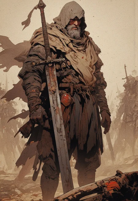 battle-worn warrior stands amidst a dense fog, gripping a massive, weathered sword. His face is covered in dirt and dried blood, his expression hardened by countless battles. His torn, ragged cloak flutters faintly in the wind, and his dark, tattered tunic clings to his muscular frame. The air around him is thick with dust and mist, obscuring shadowy figures in the distance. The atmosphere is heavy, evoking a sense of tension before an impending battle. The muted, earthy color palette and diffused lighting create a cinematic, moody aesthetic reminiscent of medieval epics and dark fantasy films. The warrior's silhouette is partially engulfed by the swirling mist, adding to the mystery of his surroundings. The composition focuses on the warrior's stoic determination, with a shallow depth of field that blurs the background, emphasizing his presence. The image is rendered in ultra-detailed 4K, capturing every scar, every crease in his clothing, and the gleaming edge of his sword, ready for battle. Inspired by *The Northman*, *Dark Souls*, and *The Last Duel*, this scene embodies the raw, gritty essence of medieval warfare and lone warrior narratives
,  anime, cyberpunk