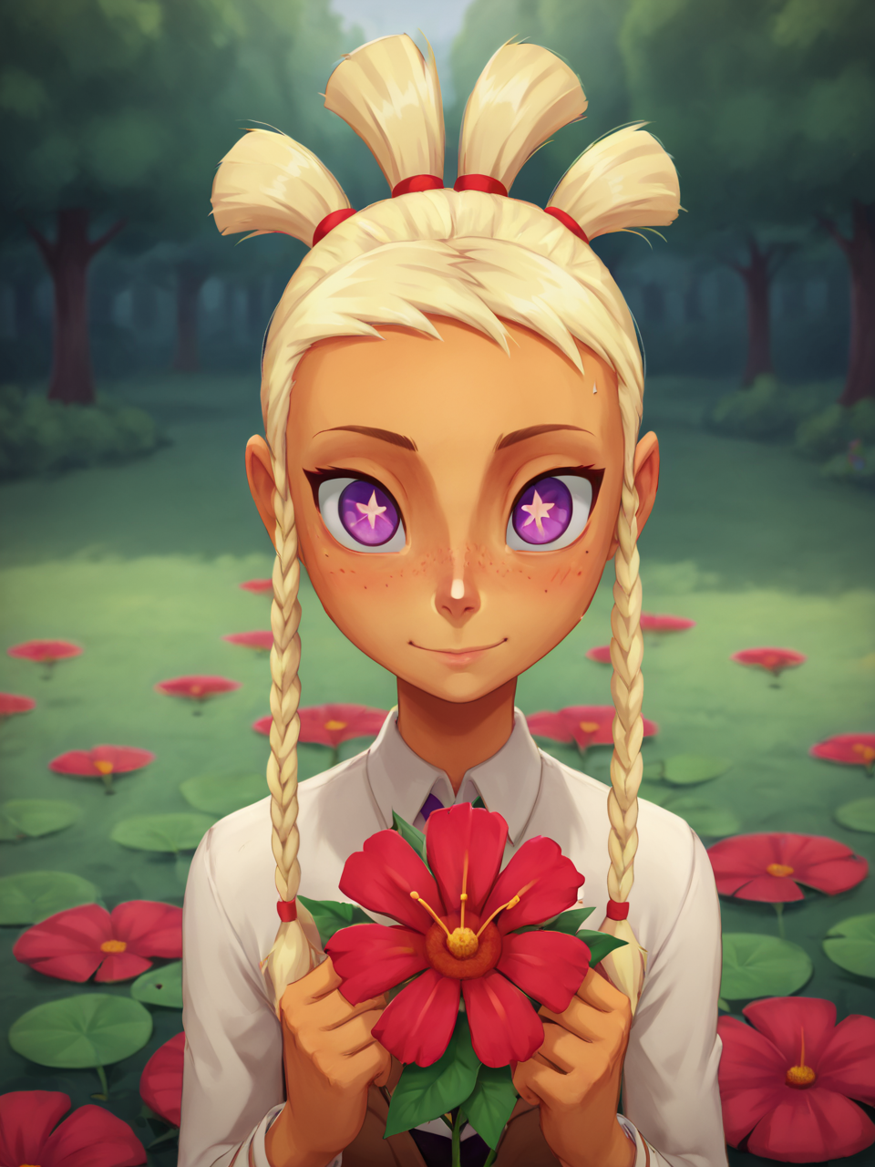 score_9, score_8_up, score_7_up,  score_6_up, BREAK, 4ddf10w3r, M4yd4y, 1girl, solo, symbol-shaped pupils, blonde hair, twin braids, looking at viewer, flower, leaf, hydrangea, <lora:Add_Flower_Nature:1> <lora:Mayday-000007:0.7>