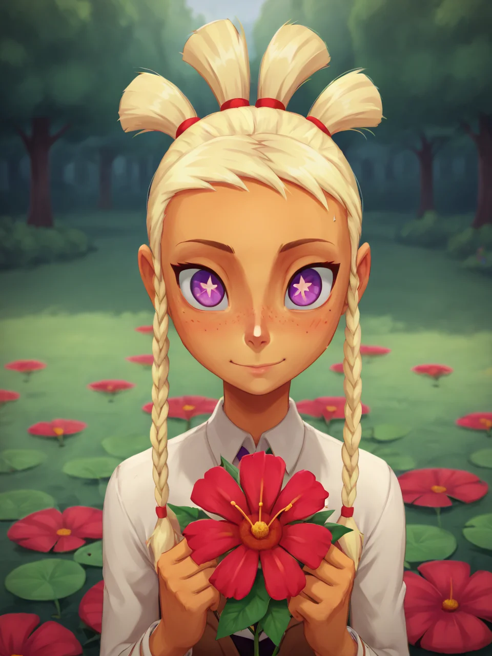 score_9, score_8_up, score_7_up, score_6_up, BREAK, 4ddf10w3r, M4yd4y, 1girl, solo, symbol-shaped pupils, blonde hair, twin braids, looking at viewer, flower, leaf, hydrangea, <lora:Add_Flower_Nature:1> <lora:Mayday-000007:0.7>