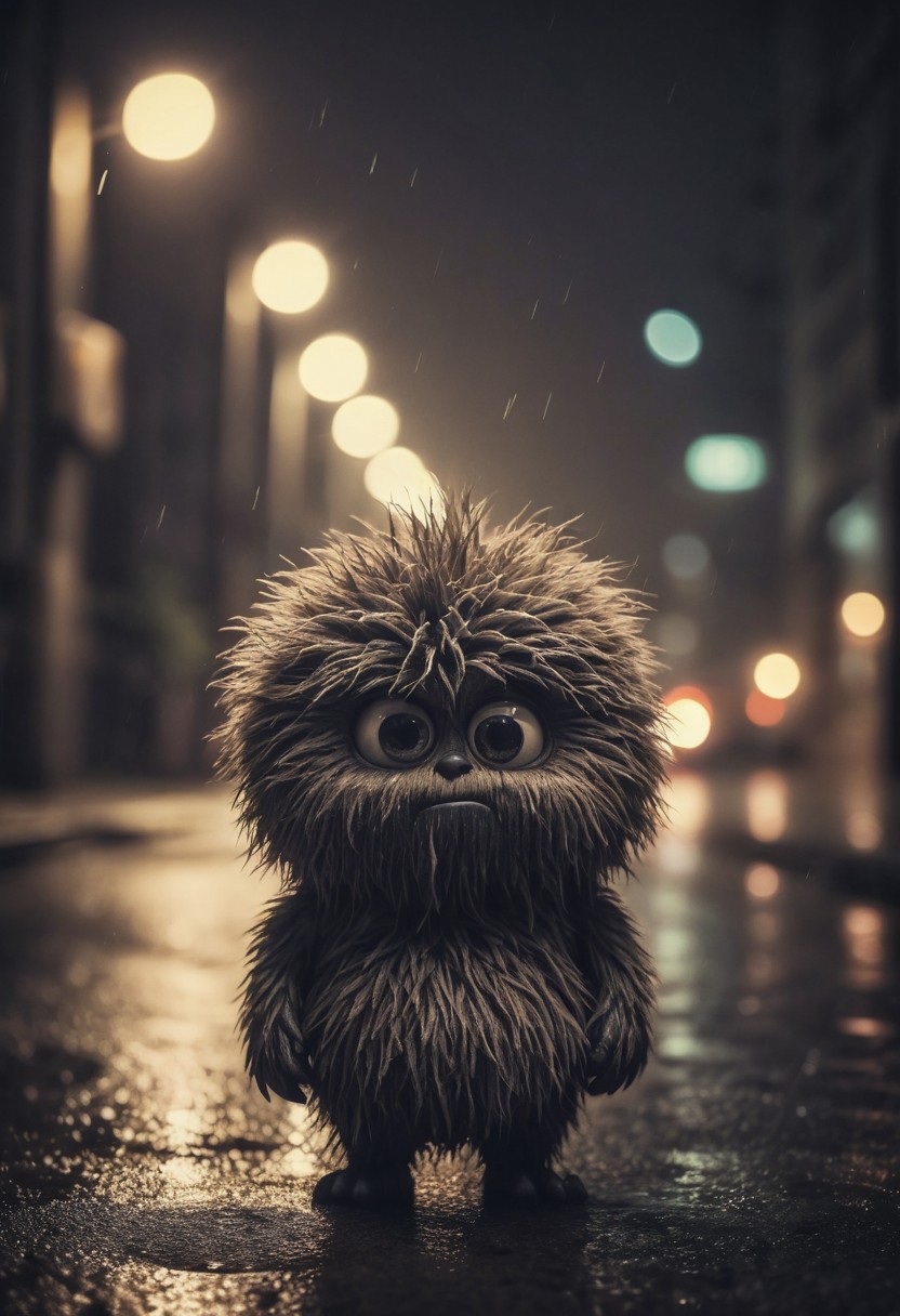 Small furry monster, fur ball, fluffy, shot at night, cute monster, expressive eyes, sad and curious appearance, heartbreaking, very cute, heavy rain, very sad, lonely, lost place, desaturated, dramatic lighting, desaturated background, bokeh, dark theme, soothing tones, depth of field, dramatic backlighting, film grain,