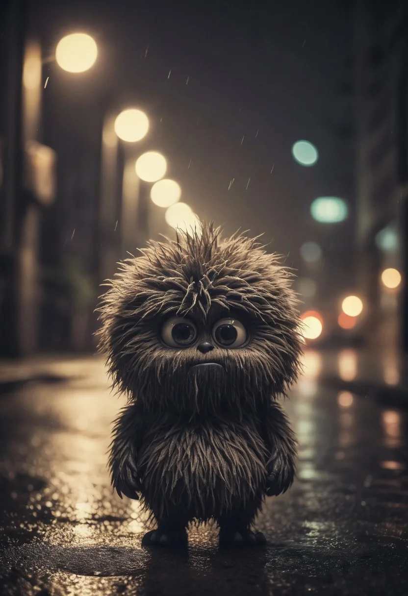 Small furry monster, fur ball, fluffy, shot at night, cute monster, expressive eyes, sad and curious appearance, heartbreaking, very cute, heavy rain, very sad, lonely, lost place, desaturated, dramatic lighting, desaturated background, bokeh, dark theme, soothing tones, depth of field, dramatic backlighting, film grain,