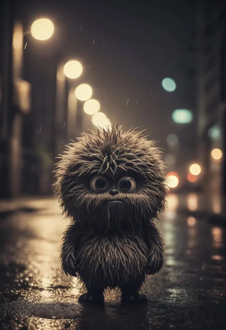 Small furry monster, fur ball, fluffy, shot at night, cute monster, expressive eyes, sad and curious appearance, heartbreaking, very cute, heavy rain, very sad, lonely, lost place, desaturated, dramatic lighting, desaturated background, bokeh, dark theme, soothing tones, depth of field, dramatic backlighting, film grain,