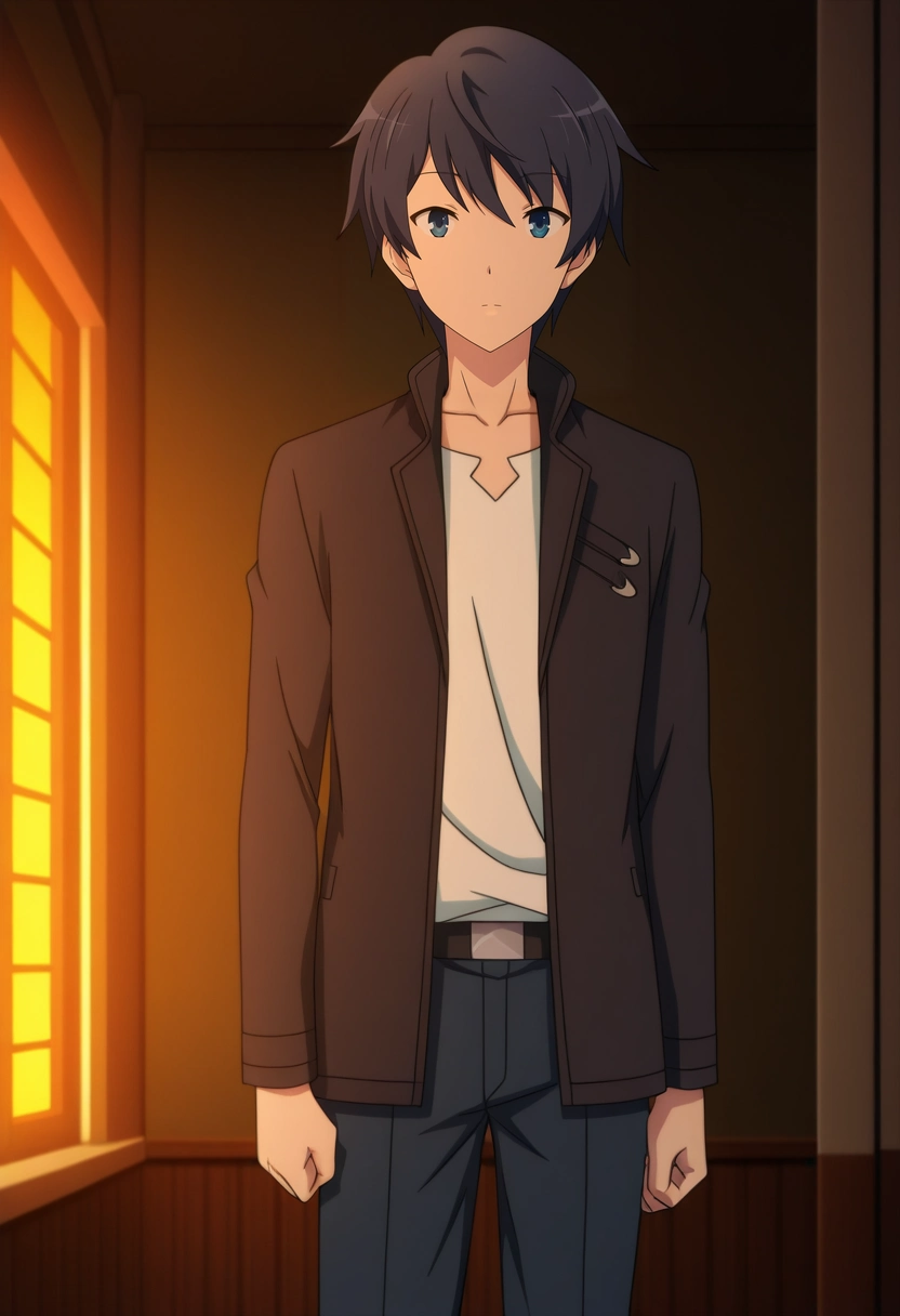 masterpiece, best quality, , anime screencap, anime coloring, official style,, 1boy, solo, male focus, <lora:touya_mochizuki_ilxl:0.92>, touya_mochizuki, black hair, blue eyes, , cowboy shot, skytree, indoors, light, standing, expressionless,