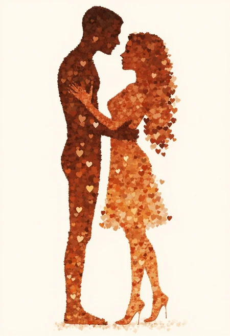 silhouette of 2 lovers embracing,sepia colored,small hearts style