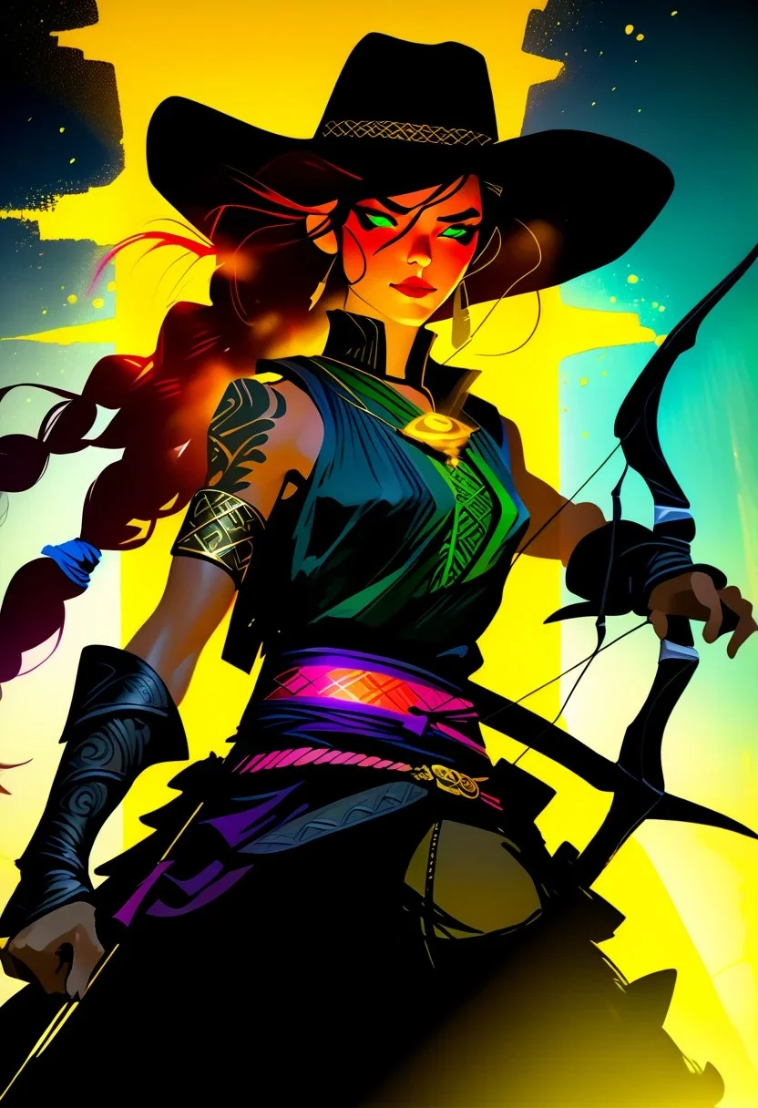 score_9, score_8_up, score_8_up, ((Cinematic composition)),((masterpiece)), (resplendent highlighting), 8k. Photorealistic
1girl, (full body). A beautiful hulking half-orc cowgirl (ribbons of glowing light swirl around her) stands by her horse. (Cowboy hat) cowboy boots, recurve bow on her back and hip quiver. (camera angle from below). ((full body)). (resplendent spotlight on her face). Ominous chaotic atmosphere.
Double exposure.
Ink, Charcoal and colourful oil pastels. impressionistic. faded watercolours (Klimt :1.2) dadaistic collage (by Bill Sienkiewicz:1.5), strikingly alluring face. brilliant spotlight effect. Vibrant thick dripping paint. Intense detail, realistic, dynamic shadows and contrasts. Matte and faded background colours.
surreal, intense colors, liquid, unreal parts, alluring, fluid, perfection, gothic. (Luminous skin dynamically spotlighted), Illustration, (klimt:0.8) (Bill Sienkiewicz:1.5). maximum detail, Chinese watercolor and ink technique. Gold leaf highlights.
<lora:xl_more_art-full_v1:0.4> <lora:epi_noiseoffset2:1>3