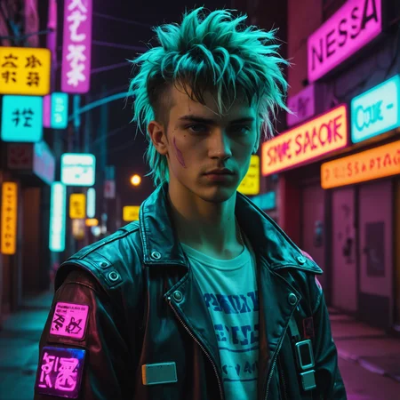 a photo of a young man dressed in cyberpunk clothes standing in a dark city street lit by neon glow from neon signs, (disheveled:1.2), (messy hair:1.2), shaved sides, <lora:concept_hair_shaggyMullet_sdxl_v1-shaggyMullet:1> shaggyMullet, shaggyMullet Hair