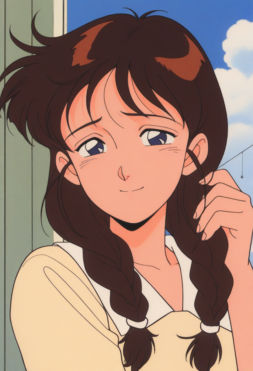 masterpiece, best quality, source_anime,official art,perfect_anatomy,1990s_\(style\),retro_artstyle,1girl,solo,Yu Izumi,brown_hair,long_hair,twin_braid,shirt,looking_at_viewer,shy,smile,upper body,day,blue_sky,cloud,bare