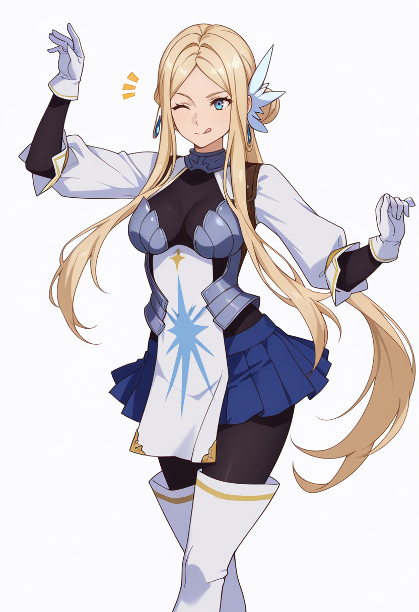 Smooth Quality,masterpiece,very intricate, high quality details, ultra realistic, high detailed skin,detailed enviorement,absurdres,
simple background, white background, dancing, solo,front view,
 <lora:Krishna_CNR:0.8> krishna_cnr, 1girl,blonde hair,very long hair,single hair bun, sidelocks, parted bangs, blue eyes, breasts,white hair ornament, earrings,armor, breastplate, armored dress, blue skirt, pleated skirt,white gloves, black pantyhose,white thigh boots,, ^^^,, ;q,