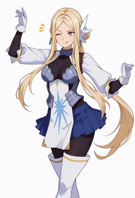 Smooth Quality,masterpiece,very intricate, high quality details, ultra realistic, high detailed skin,detailed enviorement,absurdres,
simple background, white background, dancing, solo,front view,
<lora:Krishna_CNR:0.8> krishna_cnr, 1girl,blonde hair,very long hair,single hair bun, sidelocks, parted bangs, blue eyes, breasts,white hair ornament, earrings,armor, breastplate, armored dress, blue skirt, pleated skirt,white gloves, black pantyhose,white thigh boots,, ^^^,, ;q,