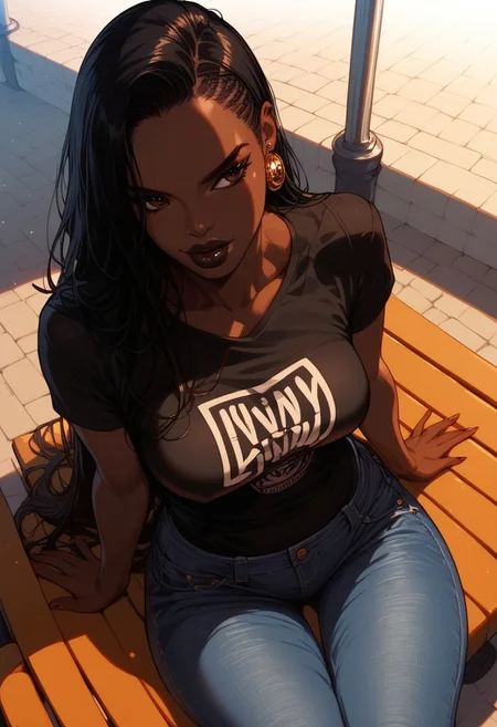 score_9, score_8_up, score_7_up, score_6_up, realistic, 1girl, Serena, SerenaRH, black girl, african girl, very long straight black hair, brown eyes, gorgeous lips, dark lips, medium perky breasts, perfect body, large hips, fit body, thick thigs, 1g0r, sitting in a bench, Dutch angle , high angle view, face closeup, wide arms, (black) t-shirt, denim pants, earrings, looking away, sunny, relaxed expression