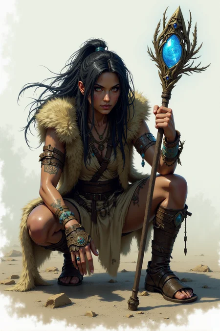 <lora:FANCHA_style:0.7> FANCHA style.
A fierce and mystical warrior crouches low, poised for action with an intense, determined gaze. Her attire is a blend of natural textures and tribal embellishments, with rugged, earth-toned clothing that has been worn and torn by countless battles and journeys. She wears a cloak lined with fur that drapes over her shoulders, providing both warmth and a sense of primal power, while feathers and beads are intricately woven into her flowing, tousled hair, hinting at a deep connection to the natural world. Her skin bears tattooed patterns along her arms, tribal designs that likely hold spiritual significance or signify past victories. In her hand, she wields a staff adorned with peacock feathers and an intricate carving that cradles a luminous, swirling blue crystal, radiating a soft, magical glow. The staff's design is organic and wild, as if it were crafted directly from the branches of an ancient, enchanted tree. Tendrils of energy seem to pulse from the crystal, casting a faint, ethereal light that illuminates the warriorâs fierce expression. Her stance is low and grounded, with one knee bent forward and the other leg extended back, as if ready to spring into action or cast a powerful spell. The faint shadow beneath her suggests movement, hinting at the speed and agility she commands. Her face is painted with blue war markings, adding an extra layer of intensity to her already fierce expression. The background is kept minimal and misty, putting full focus on her presence and allowing the striking details of her attire and weapon to stand out. Altogether, the scene exudes a raw, elemental power, portraying her as a protector of ancient secrets and a master of both physical and mystical forces, seamlessly blending warrior strength with shamanic wisdom.