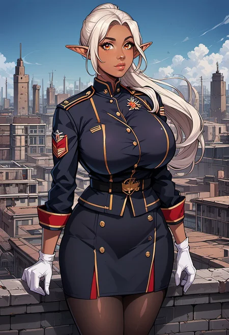 score_9, score_8_up, score_7_up, score_6_up, score_5_up, score_4_up, ANIMEShader, beautiful elven woman, (dark skin:1.3), long white hair in a ponytail, small cute button nose, soft round chin, detailed orange eyes, bright orange eyes, high definition eyes, detailed eyes, elf ears, huge breasts, military uniform, white gloves, black skirt, pantyhose, abandoned building, ruined city, rooftop, outdoors,