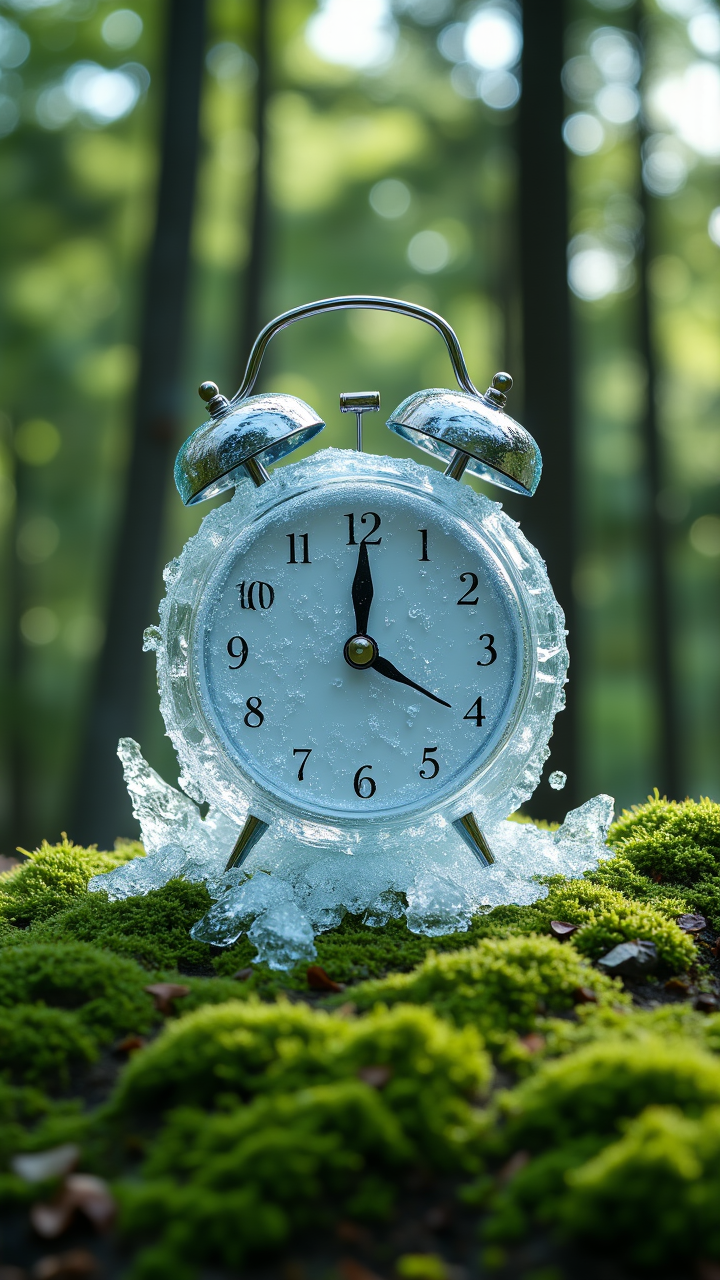 A photorealistic image of a melting clock made of ice, resting on a bed of vibrant green moss in the forest.        , aidmamj6.1