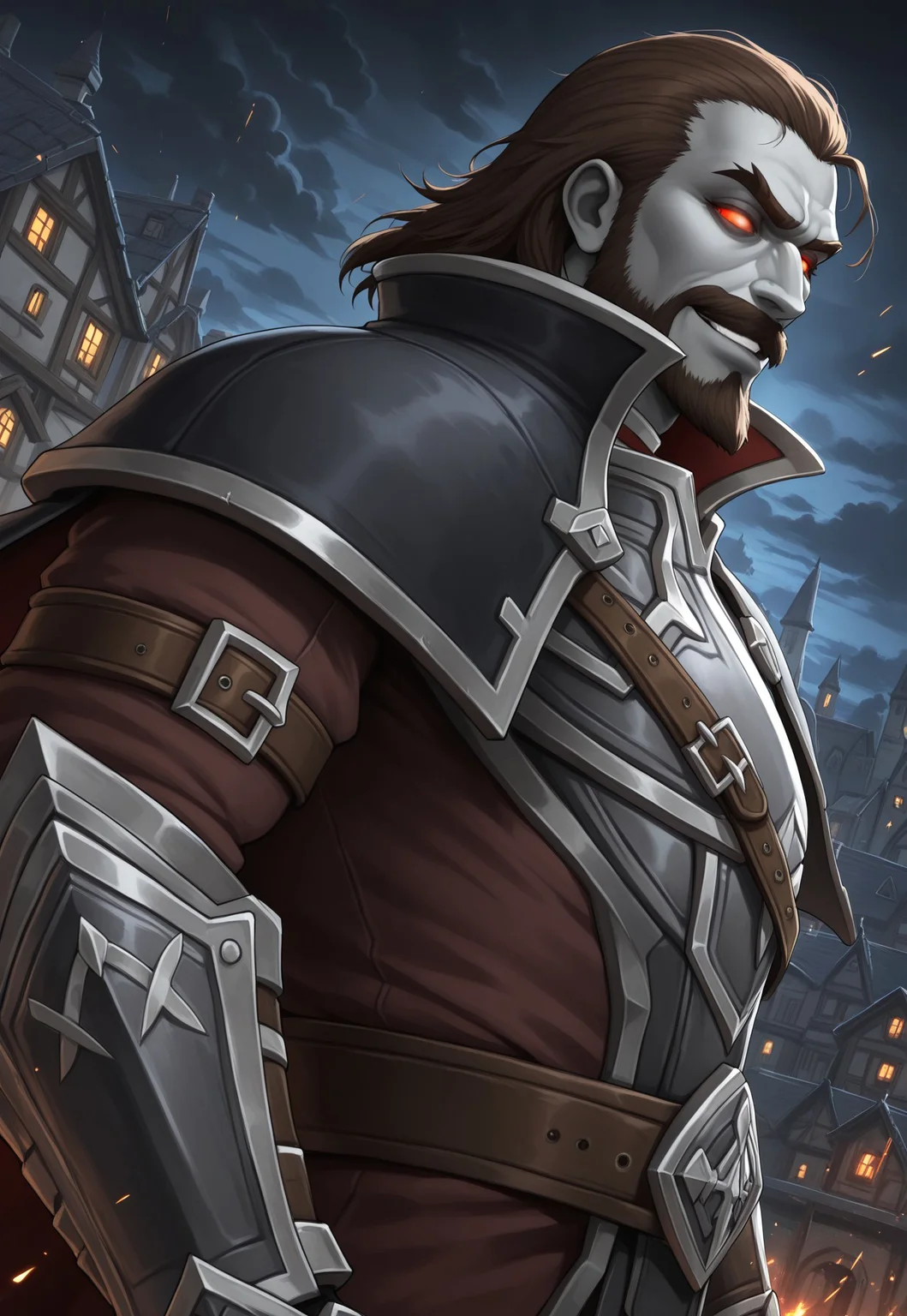 masterpiece, best quality, amazing quality, NathanosBlightcaller, grey skin, red eyes, glowing eyes, medium hair, facial hair, beard, cape, brown hair, armor, looking at viewer, smirk, upper body, gauntlets, belt, dynamic pose, night, dilapidated old town, detailed background, bloom, dutch angle, sparks, dark clouds, side view,