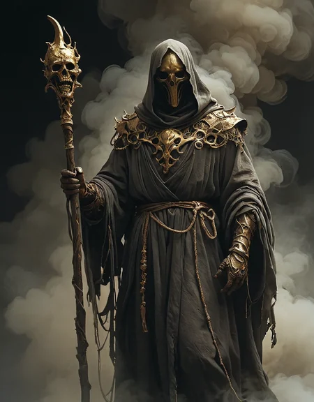 Portrait of deformed creature, friar in sackcloth robe, walking stick in hand, faceless golden mask, dark, monstrous character, Peter Mohrbacher, Agostino Arrivabene, HR Giger, low angle, menacing stance, dark environment, fog, smoke, black background, horror, hyperrealistic, 4K<lora:more_details:1> <lora:epi_noiseoffset2:1> <lora:Sinozick:1>