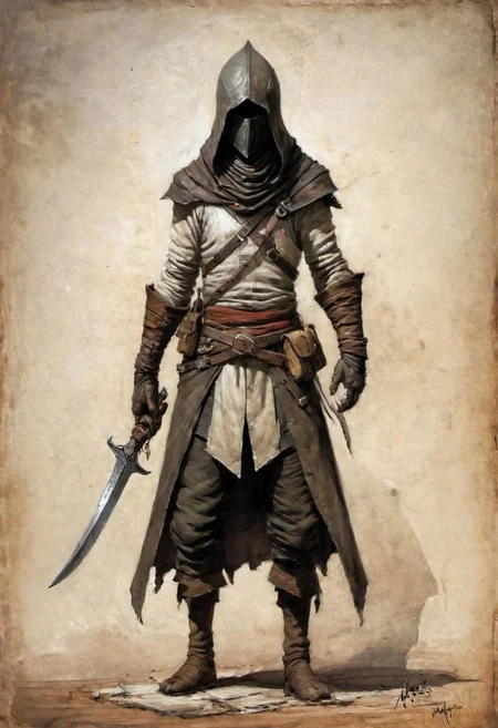 videogame art of (beggar clothes, human thief brigand, holding a iron rusty dagger, wearing leather tunic, metal and cloth shaped helmet, sewn together), by Jean-Baptiste Monge and Nicola Samori, assassins' creed clothes
