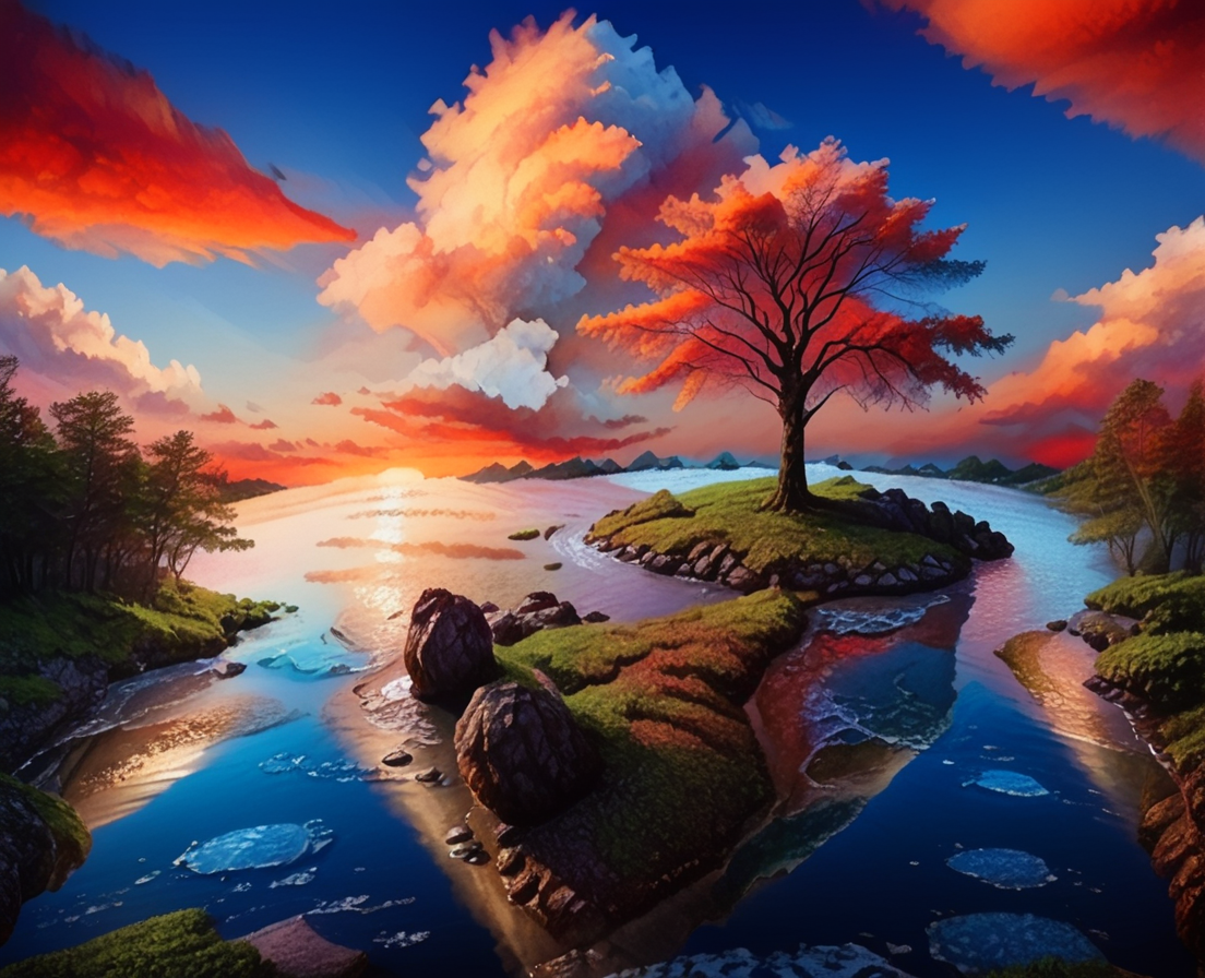 <lora:element_blend:0.8>,detail,score_9, score_8_up, score_7_up, score_6_up, score_5_up, score_4_up,
elementalfusion, , no humans, scenery, tree, sky, outdoors, traditional media, cloud, sunset, water, reflection