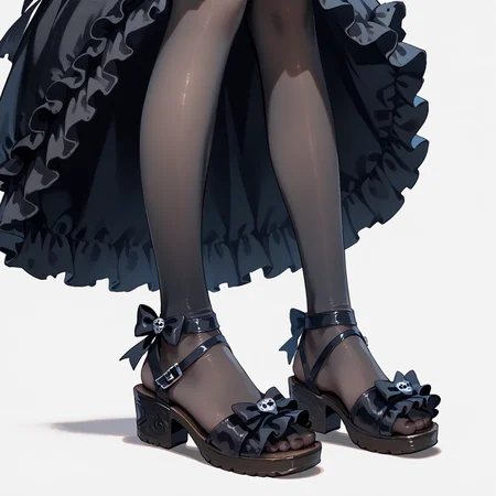 score_9, score_8_up, anime source, simple background, 
1girl, solo, lower body, 
toelessfootwear, feet, legwear, sandals, frills, gothic, 
  <lora:toeless_footwear_pony_v1:0.6>