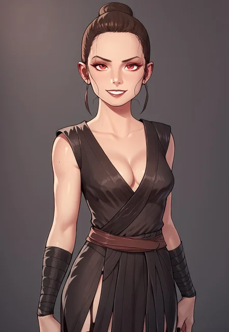 safe_pos, score_9, score_8_up, score_7_up, 1 girl, solo, Rey, solo, brown hair, brown eyes, sith rey, dark clothes, dark leather clothes, cleavage, evil smile, medium breasts, ((dark clothes)), red eyes, sleeveless, black clothes,