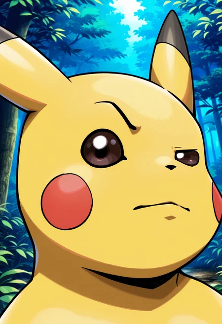 masterpiece, high quality, r0ckbr0w, looking at viewer, raised eyebrow, closed mouth, 1boy, solo, no humans, upper body, head tilt, manly, thick eyebrows, pikachu, pokemon, forest,