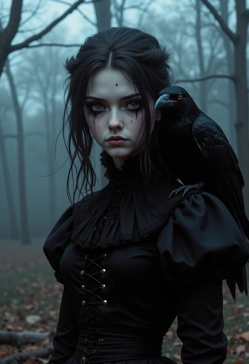 A young sad girl with dark circles under her eyes, a raven sits on her shoulder. Victorian fashion, black garment. Girl standing near trees without leaves, dusk, fog
(epic dark fantasy style)
ne0nfant4sy