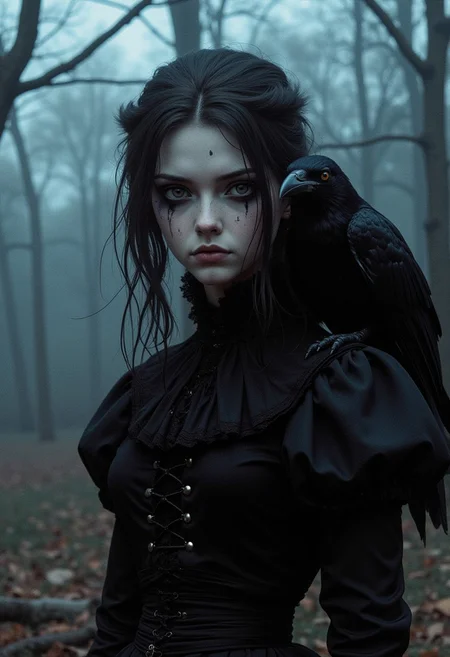 A young sad girl with dark circles under her eyes, a raven sits on her shoulder. Victorian fashion, black garment. Girl standing near trees without leaves, dusk, fog
(epic dark fantasy style)
ne0nfant4sy