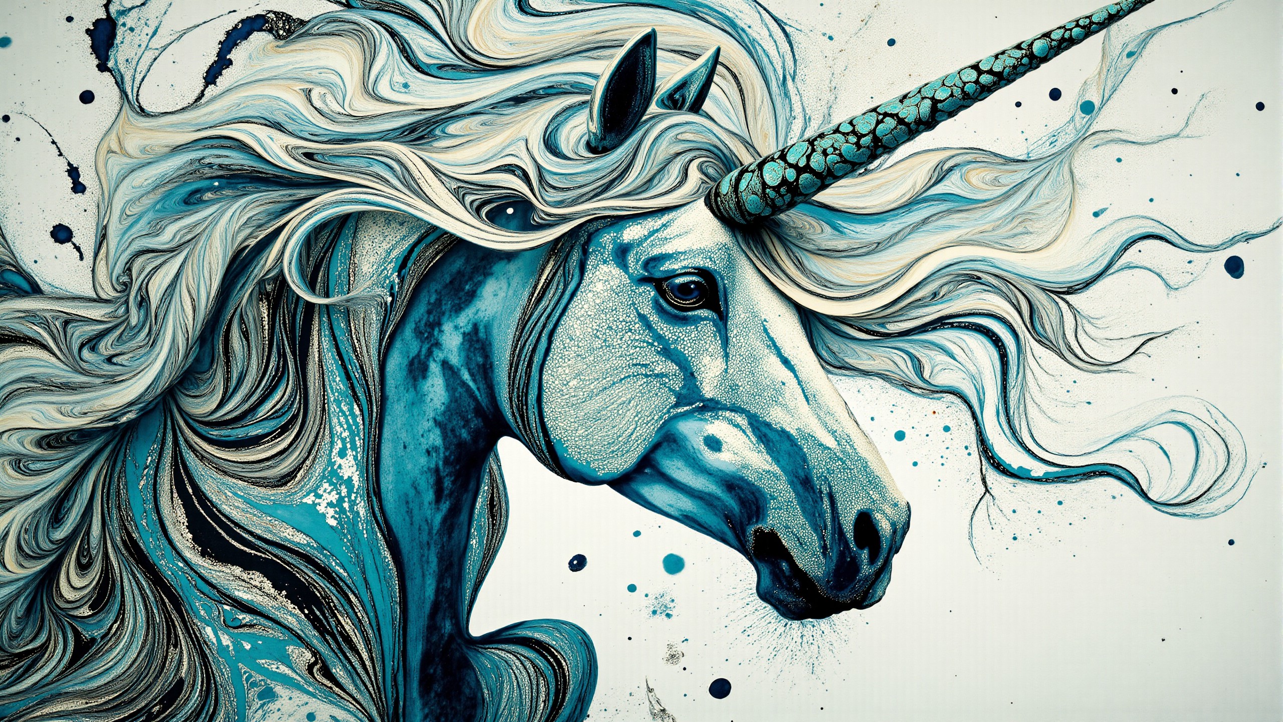 A sumptuous illustration depicting white-toned verdigris unicorn with 1 horn, goth, intricate black and azure ebru, eldritch, billowing bright dust, very detailed. The overall feel of the image is painterly. Additionally the image incorporates elements of mixed media such as flowing lines drawn with fine pens and appliqued silverleaf. The general effect is of timeless fine art elegance..<lora:Paper_Marbling_Flux:0.8> <lora:BlackColor:0.8> <lora:midjourney_whisper_avant_couture_v01:0.8>