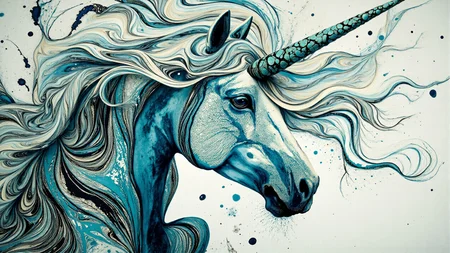A sumptuous illustration depicting white-toned verdigris unicorn with 1 horn, goth, intricate black and azure ebru, eldritch, billowing bright dust, very detailed. The overall feel of the image is painterly. Additionally the image incorporates elements of mixed media such as flowing lines drawn with fine pens and appliqued silverleaf. The general effect is of timeless fine art elegance..<lora:Paper_Marbling_Flux:0.8> <lora:BlackColor:0.8> <lora:midjourney_whisper_avant_couture_v01:0.8>