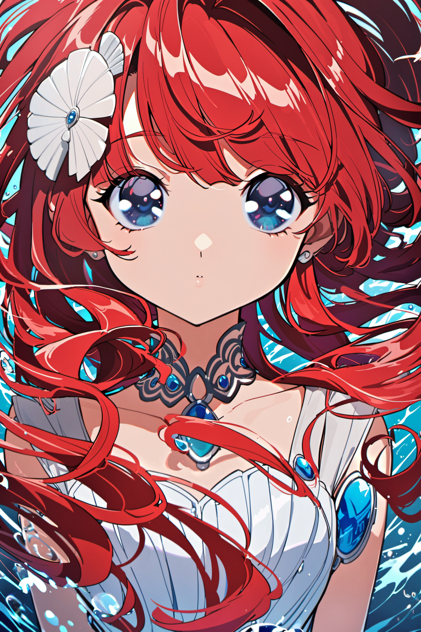 1girl,solo,red hair,long hair,blue eyes,looking at viewer,gem,jewelry,upper body,floating hair,bangs,water,shell,hair ornament,dress,<lora:hrn_yc_XL:0.8>,