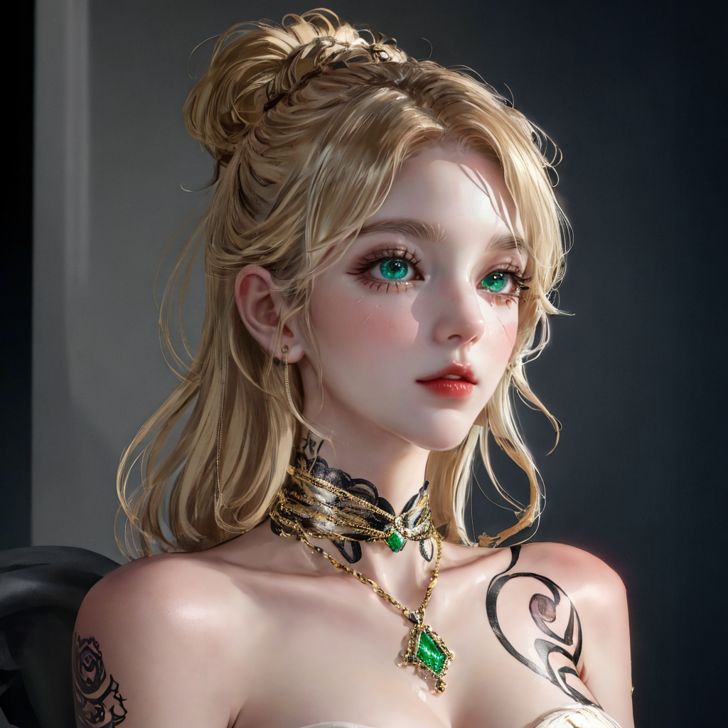 1girl, solo, full body, glossy skins, blonde hair, Her hair is pulled back, emerald-colored eyes, (make up), masterpiece, (best quality:1.4), [:intricate details:0.2], tattoos, more tattoos, extremely detailed face, beautiful detailed nose, realistic photo, high-quality, crisp, sharp, professional-grade, high-resolution, low noise, highres, 8k, uhd, saturated colors, high contrast, looking at camera, <lora:Egyptian cat girl(101):0.75><lora:RomanInterior:1>