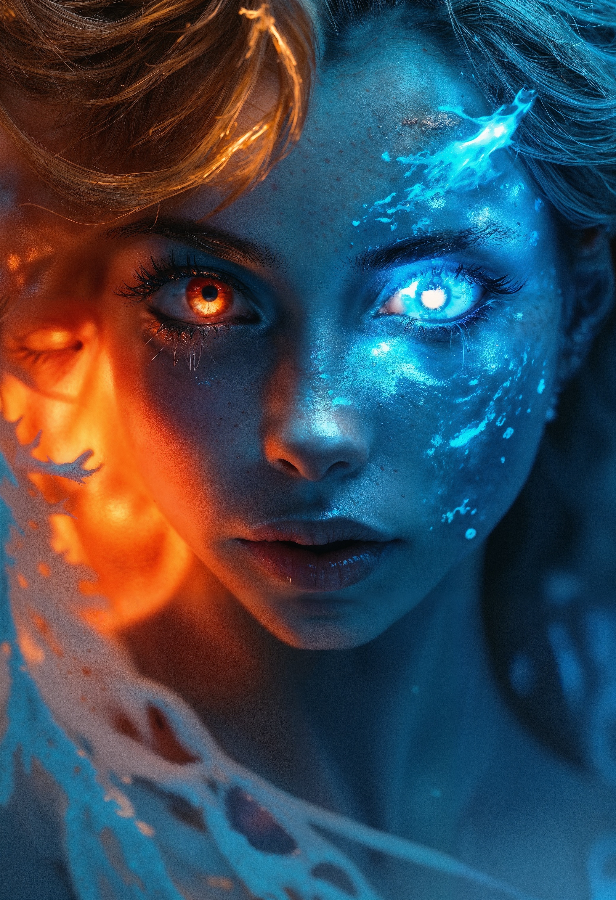 Misty Valley, a close-up of a mysterious female entity, one half of her body and face is beautiful fire goddess angelic appearance, red eyes, flaming hair, the other half of her body and face is frozen, blue icy skin, glowing eye and hair are freezing from cold, cold breath, on her back are wings corresponding to each part of the body. cold atmosphere, cinematic, masterpiece, clear focus.