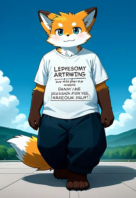 zuppu11, furry, male focus, fox, full body, no humans, solo, blushing, floating in the beautiful sky, look at viewer, wear t shirt without text