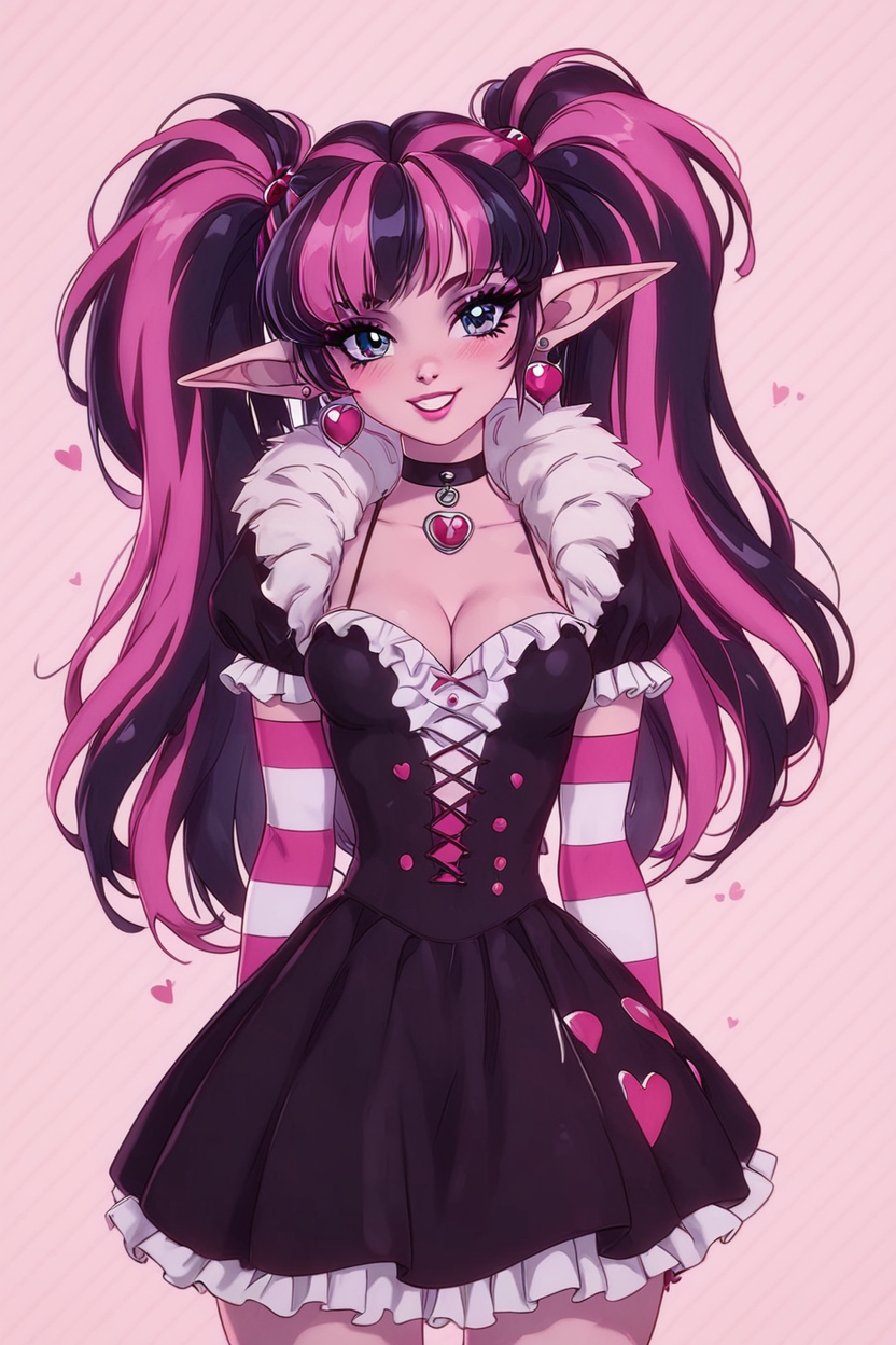 score_9, score_8_up, score_8, medium breasts, (curvy), cute, eyelashes,       BREAK, , zzDraculaura, black hair, twintails, multicolored hair, two-tone hair, streaked hair, long hair, pink hair, pointy ears, retro artstyle, 1990s (style),  cleavage, jewelry, heart, earrings, black choker, frills, striped, fur trim, makeup, heart earrings, striped sleeves, black dress,    <lora:NewDraculaura_PDXL:1.0>,, BREAK, smile, looking at viewer, cowboy shot, ,,, embedding:zPDXL, Expressiveh, ,,, <lora:Zy0n7_PDXL:0.8>, <lora:SDXLFaeTastic2400:0.5>, <lora:Expressive_H-000001:0.4>,