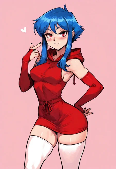 score_9, score_8_up, score_7_up, 1girl, black nails, blue hair, breasts, hand on own hip, hand up, hooded dress, red dress, hood, hood down, looking at viewer, medium breasts, short hair with long locks, sidelocks, sleeveless, smile, solo, red eyes, blush, bridal gauntlets, elbow gloves, gloves, over-kneehighs, red gloves, thighhighs, thighs, white thighhighs, pink background, valbun