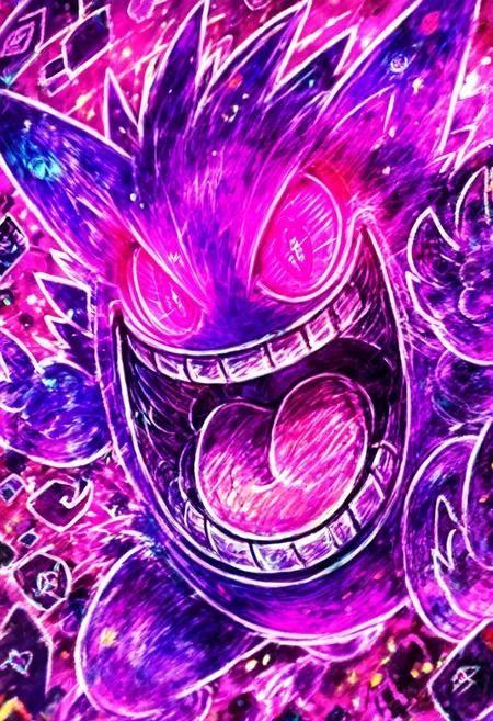 score_9, score_8_up, score_8,
gengar, no humans, gengar, :d, blurry, creatures (company), game freak, gen 1 pokemon, glowing, glowing eyes, kaosu (kaosu0905), nintendo, no humans, open mouth, pink eyes, pokemon, pokemon (creature), signature, smile, solo, teeth, tongue, tongue out