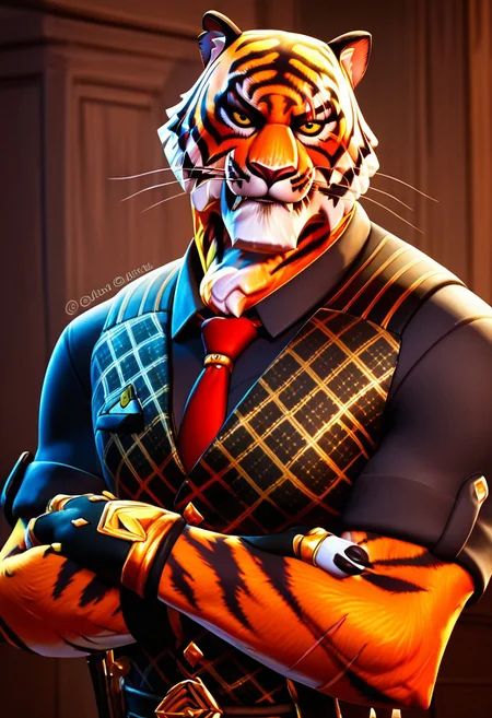 score_9_up, score_8_up, score_7_up, Masterpiece, best quality, high quality, detailed, Oscar, Fortnite Oscar, broad shoulders, mature male, orange eyes, yellow sclera, athletic build, animal ears, tiger, orange body, scars, anthro, anthro male, muscle gut, smiling, looking at viewer, arms crossed, standing, lavish office, black vest, black collared shirt, red tie, fingerless gloves, half body