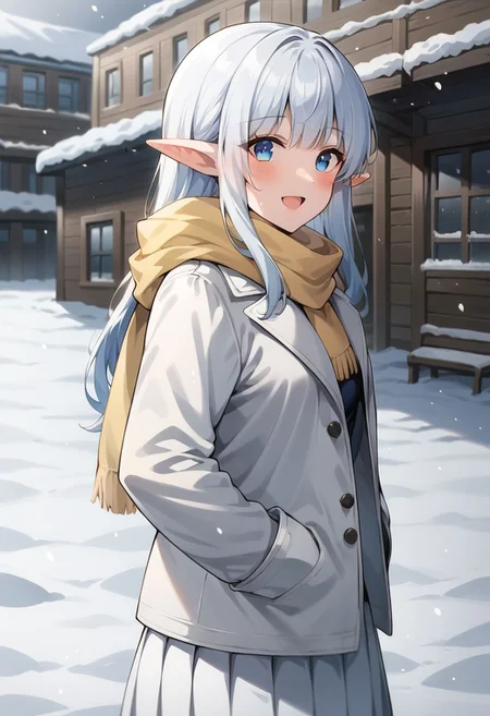 score_9, score_8_up, score_7_up,upper body, 1girl,nephilia, long hair, solo,blue eyes, solo, pointy ears, snow, outdoors, looking at viewer, snowing, smile, open mouth, hands in pockets, winter, coat, skirt, bangs, building, white skirt, yellow scarf, blush, jacket, standing, :d, from side, pleated skirt, long sleeves,